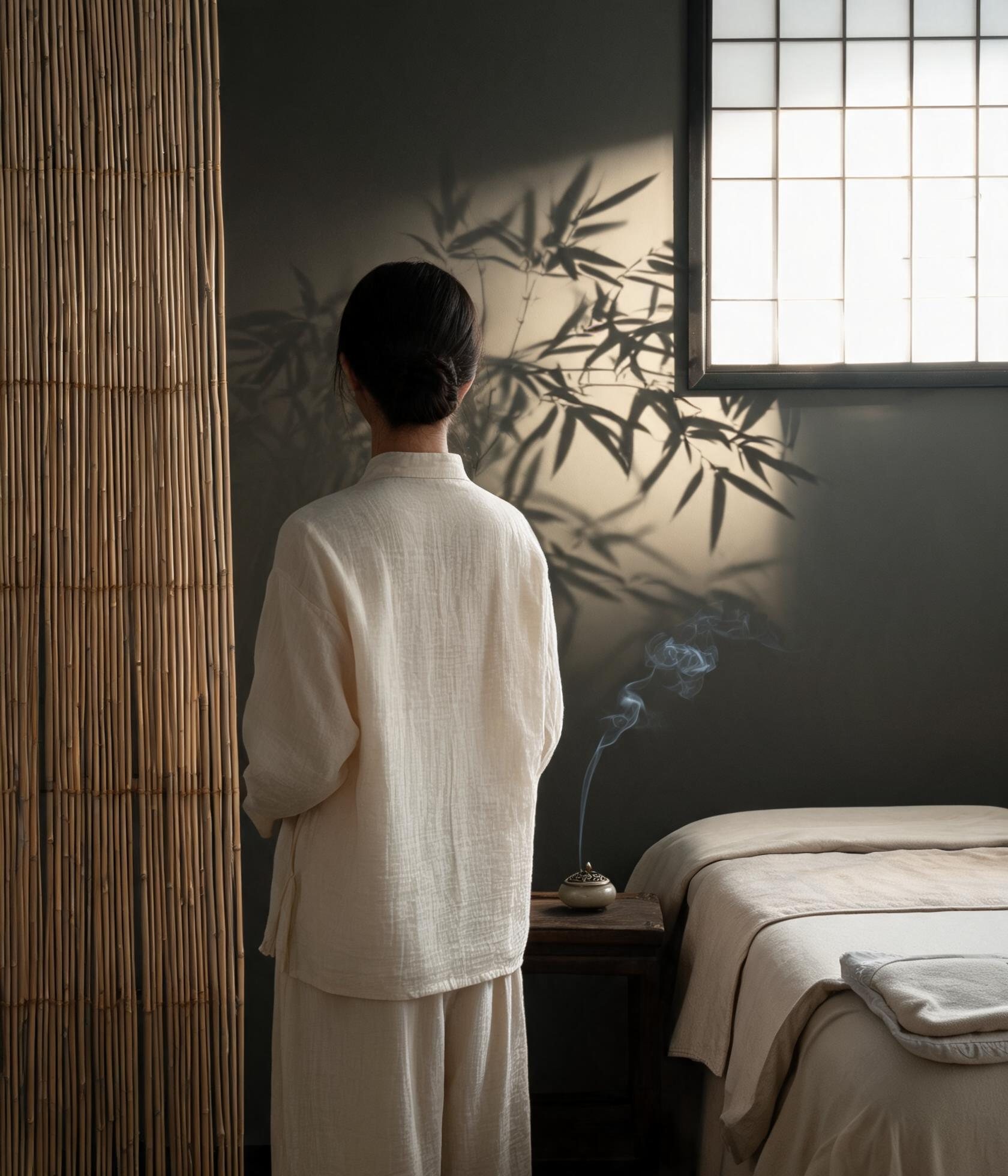 杭州抓龙筋体验馆 理疗师云舒老师 素色制服背影
